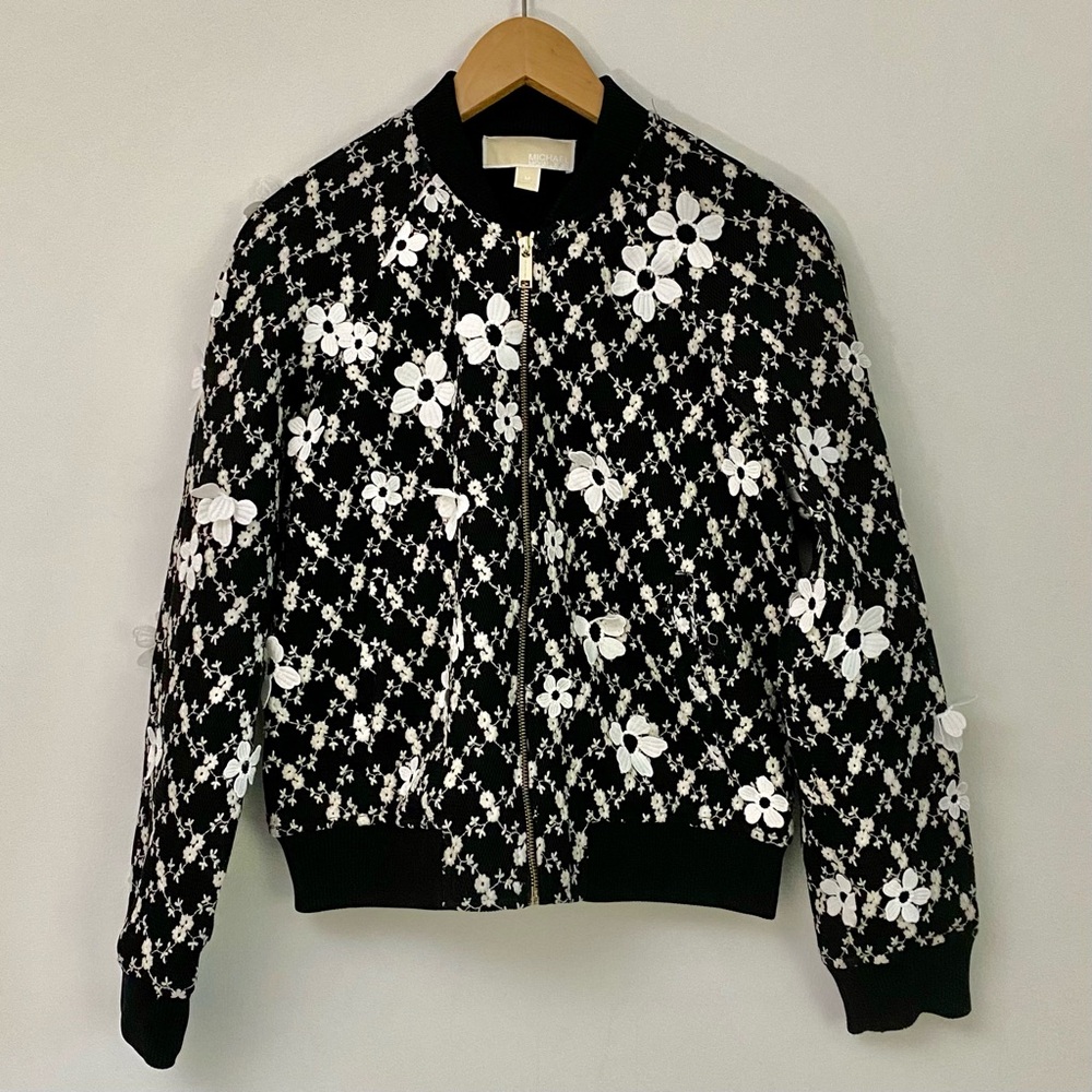 Michael Kors Floral Embroidered Mesh Bomber Jacket - size M